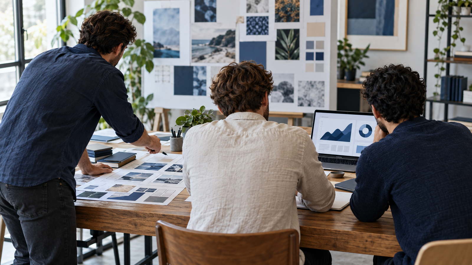 Male marketing team reviewing campaign designs from behind